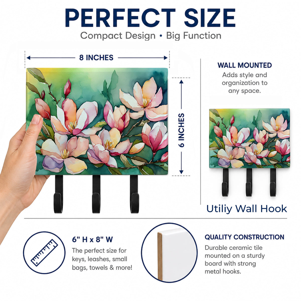Louisiana Magnolias in Watercolor Leash or Key Holder Wall Hooks, Coat Rack Wall Mount, for Hanging Keys, Towels, Aprons, Leashes