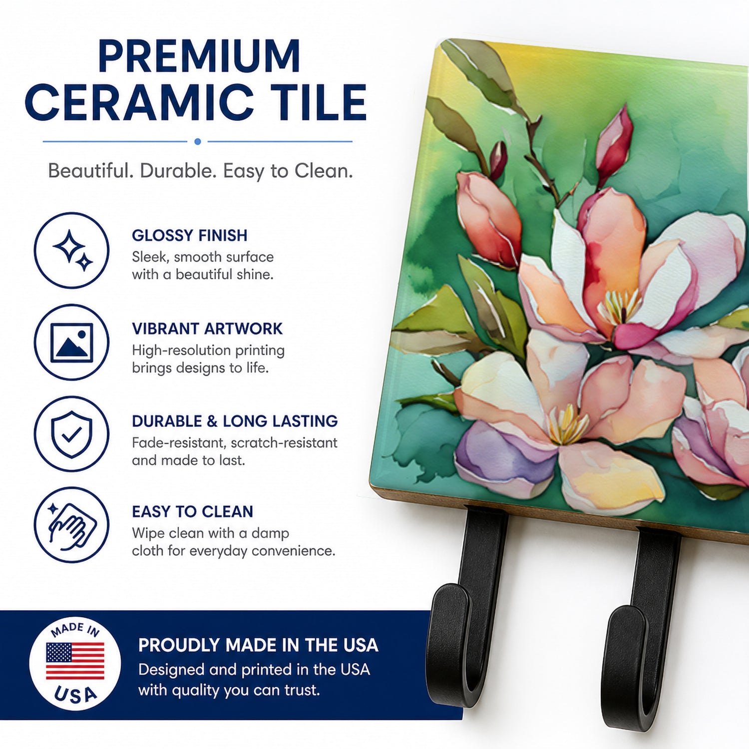 Louisiana Magnolias in Watercolor Leash or Key Holder Wall Hooks, Coat Rack Wall Mount, for Hanging Keys, Towels, Aprons, Leashes