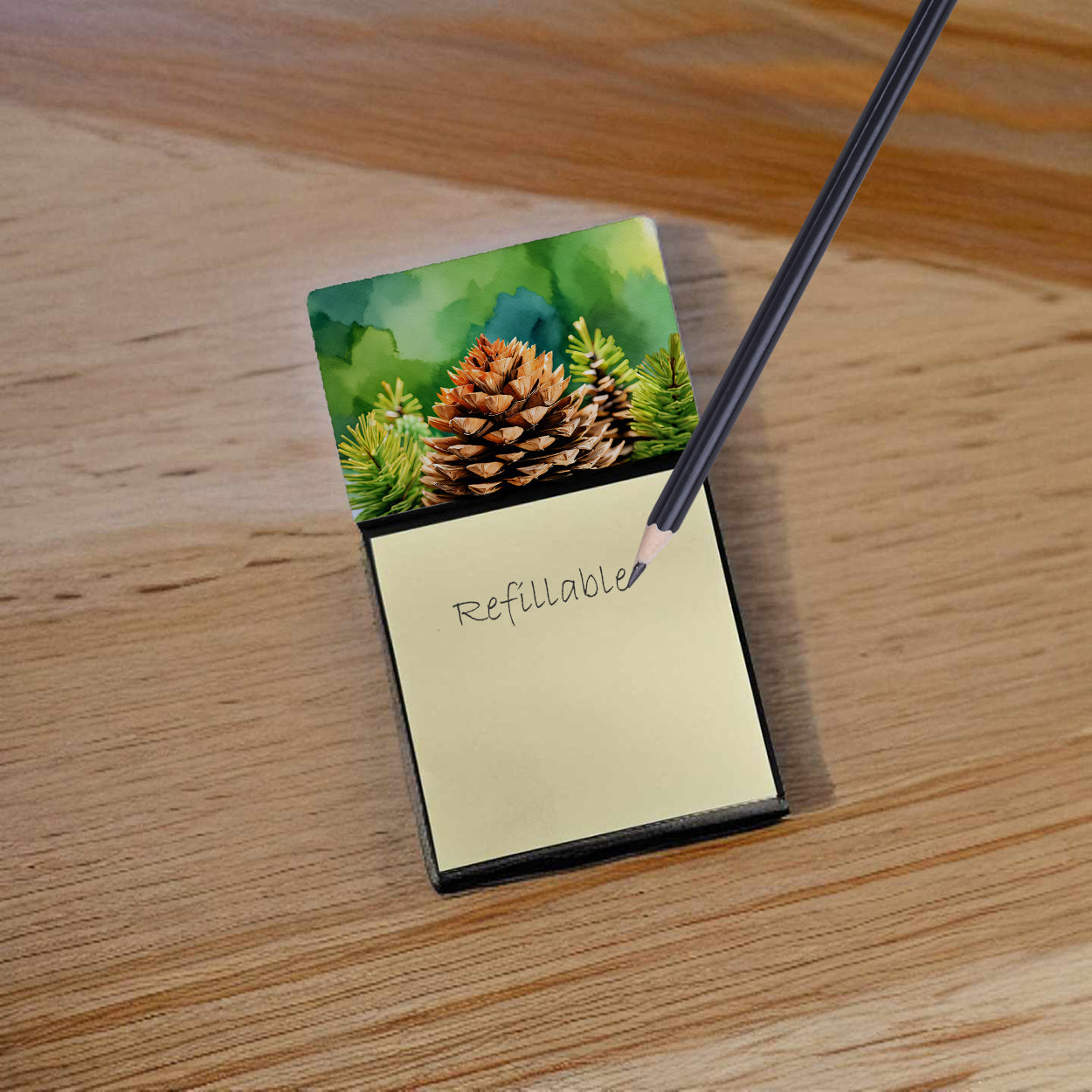 Caroline's Treasures Maine White Pine Cone and Tassels in Watercolor Sticky Note Holder- Refiilable Desk Accessory Note Pad