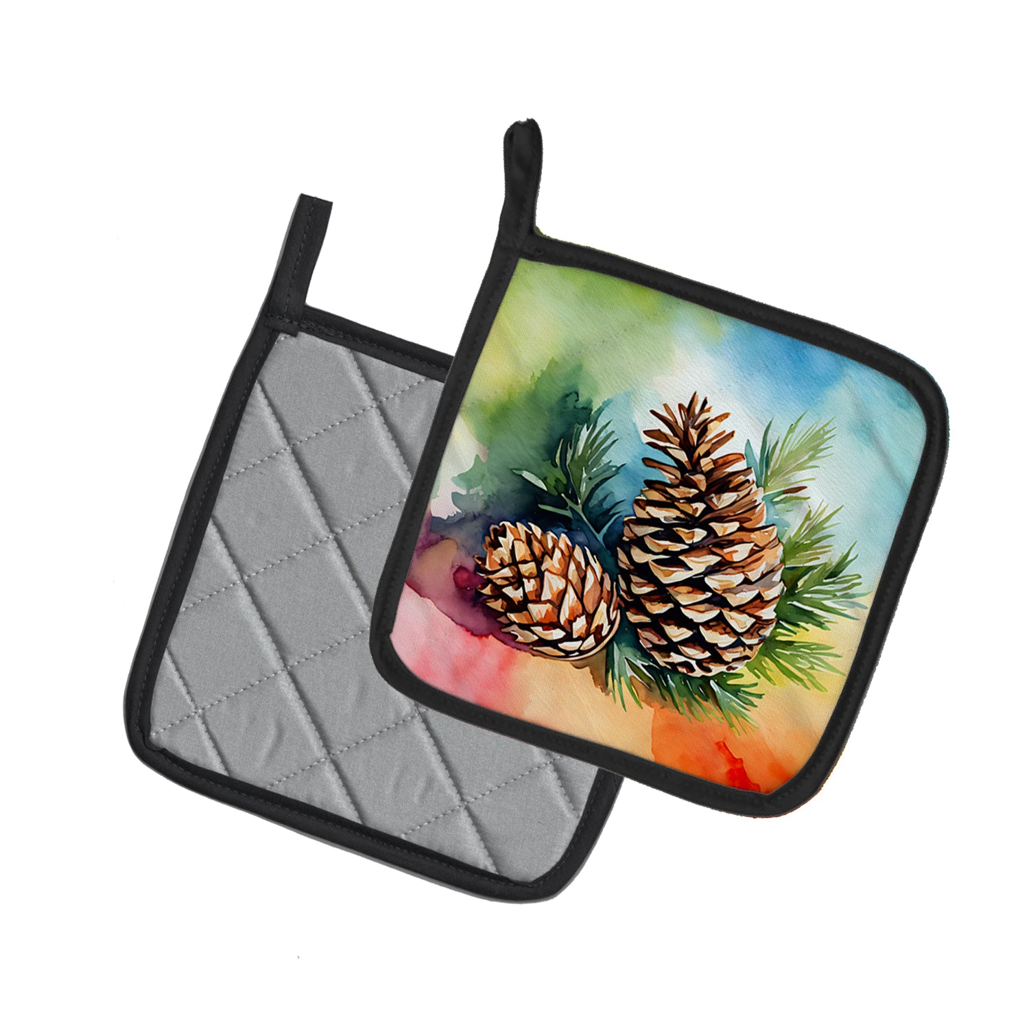 Caroline's Treasures Maine White Pine Cone and Tassels in Watercolor Pair of Pot Holders