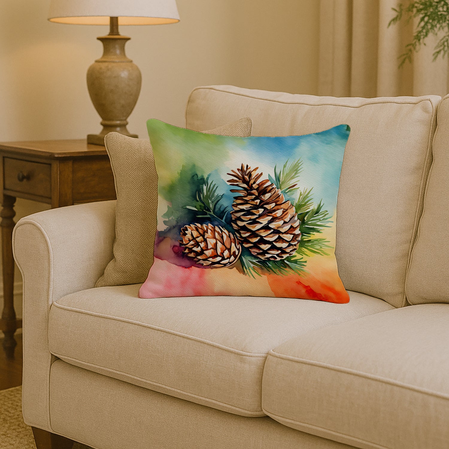 Caroline's Treasures Maine White Pine Cone and Tassels in Watercolor Throw Pillow