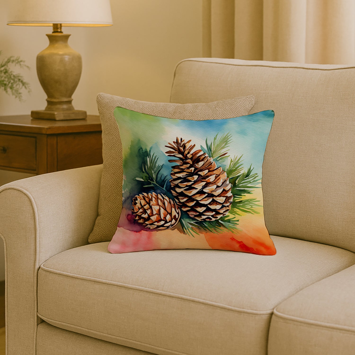 Caroline's Treasures Maine White Pine Cone and Tassels in Watercolor Throw Pillow