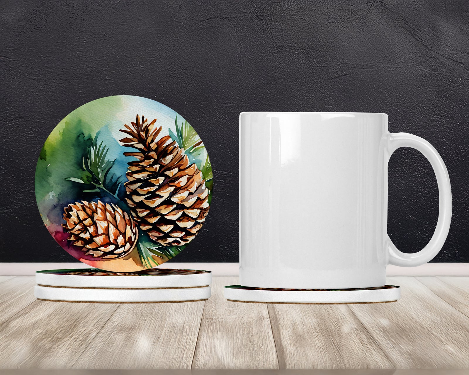 Caroline's Treasures Maine White Pine Cone and Tassels in Watercolor Large Sandstone Coasters Pack of 4