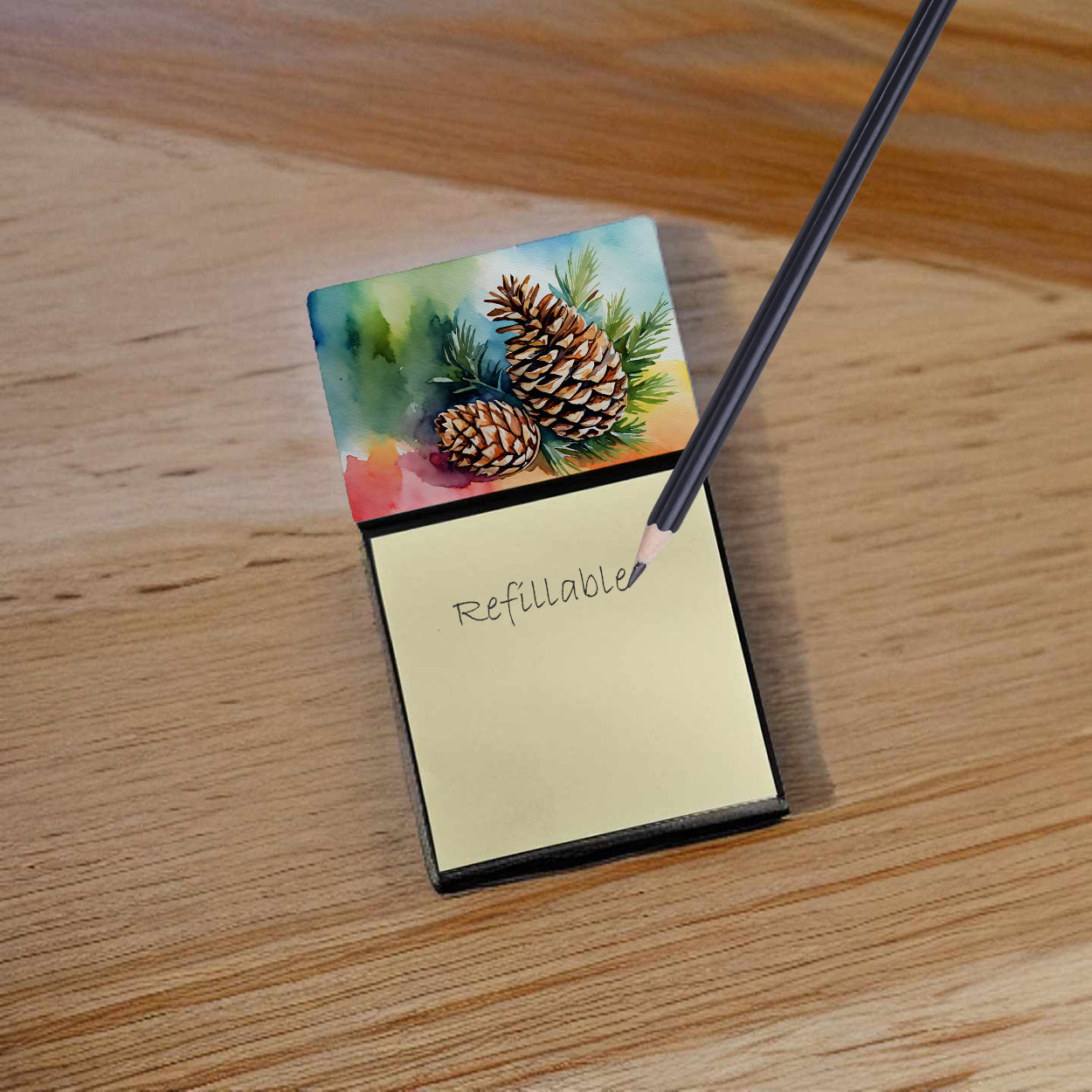 Caroline's Treasures Maine White Pine Cone and Tassels in Watercolor Sticky Note Holder- Refiilable Desk Accessory Note Pad