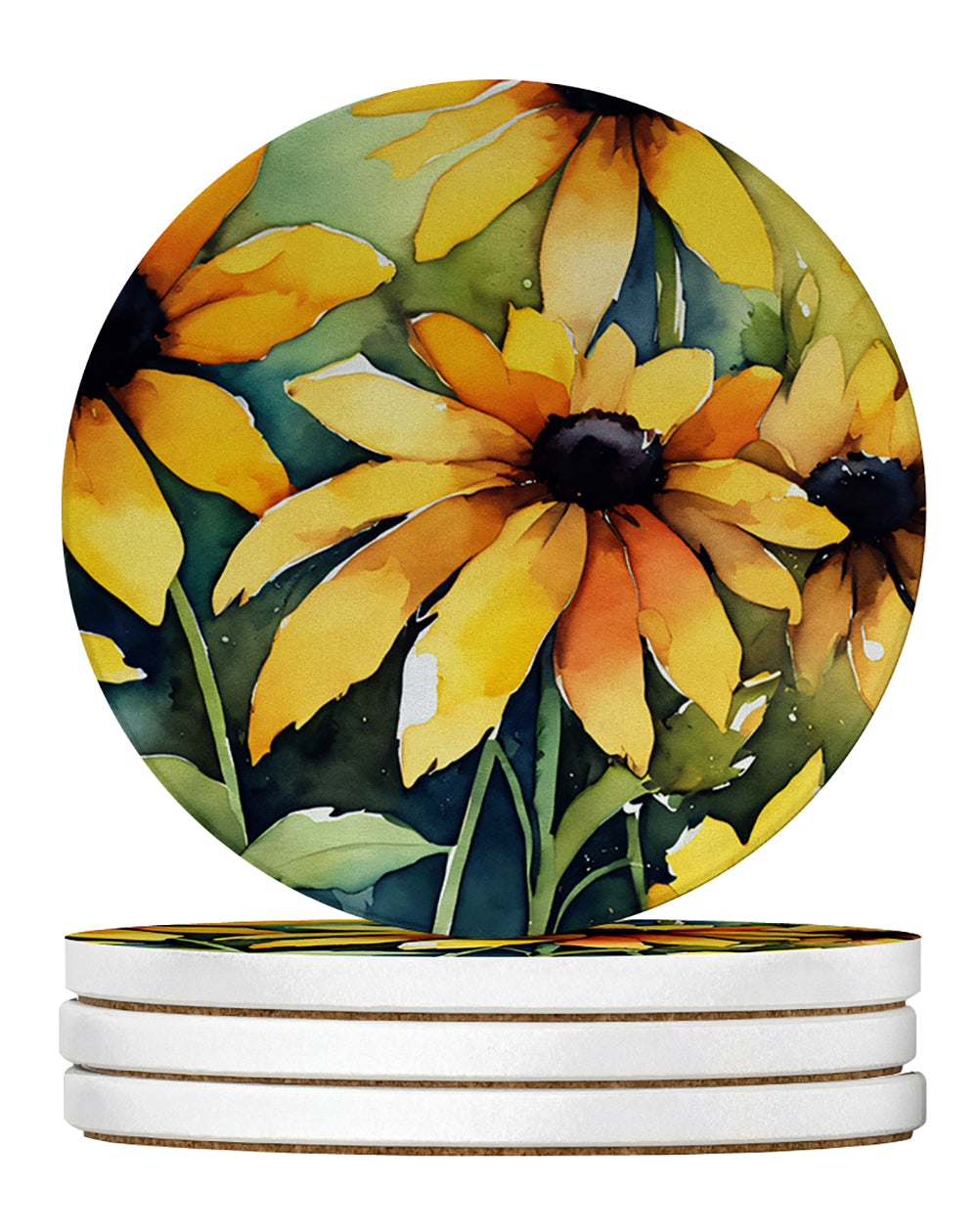 Caroline's Treasures Maryland Black-Eyed Susans in Watercolor Large Sandstone Coasters Pack of 4
