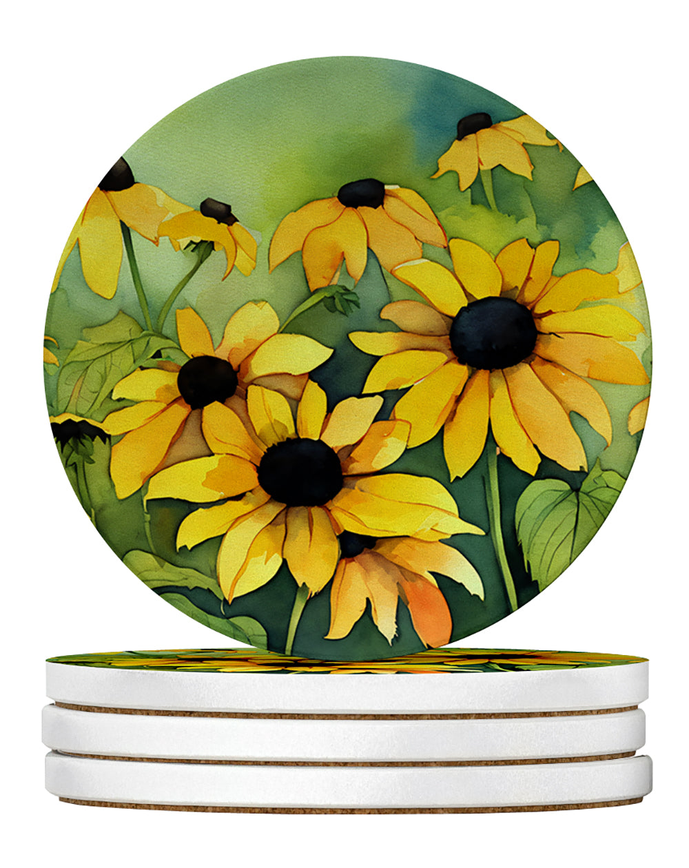 Caroline's Treasures Maryland Black-Eyed Susans in Watercolor Large Sandstone Coasters Pack of 4