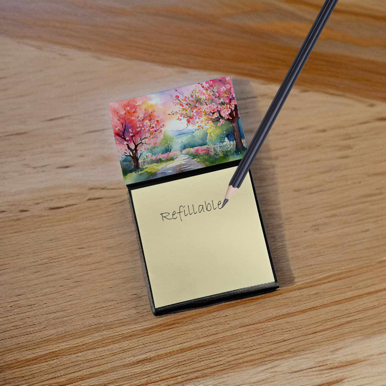 Caroline's Treasures Michigan Apple Blossoms in Watercolor Sticky Note Holder- Refiilable Desk Accessory Note Pad