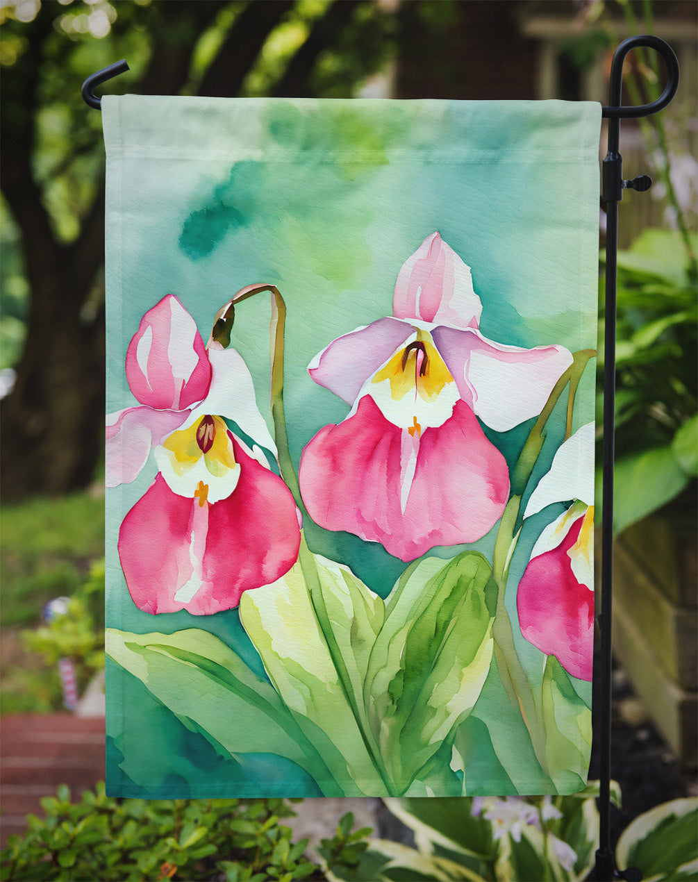 Minnesota Pink and White Lady�s Slippers in Watercolor Garden Flag