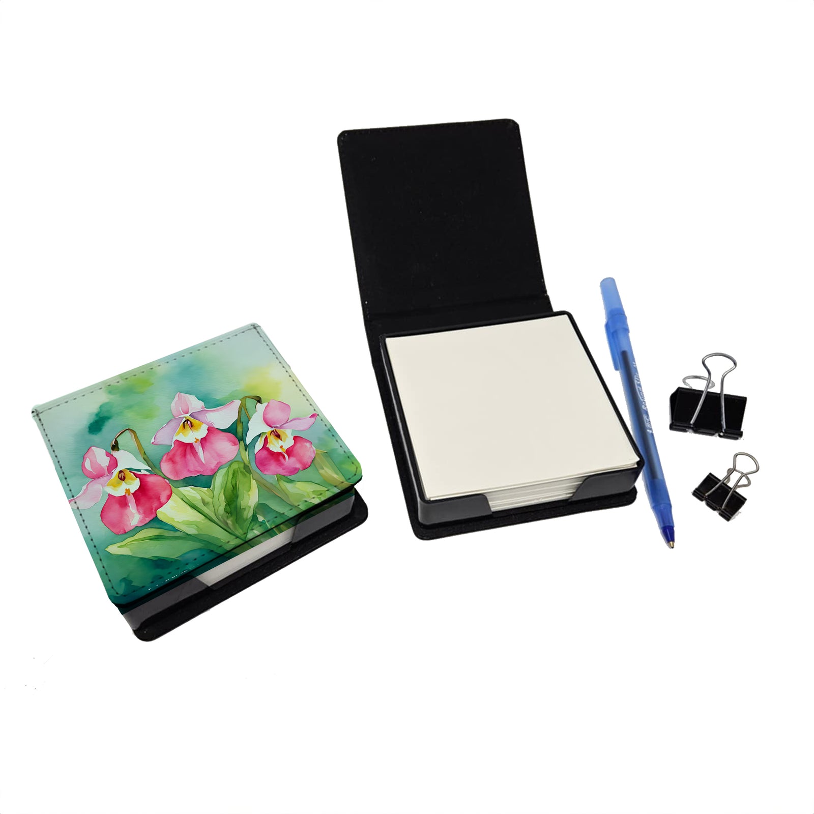 Caroline's Treasures Minnesota Pink and White Lady’s Slippers in Watercolor PU Leather Note Paper Holder