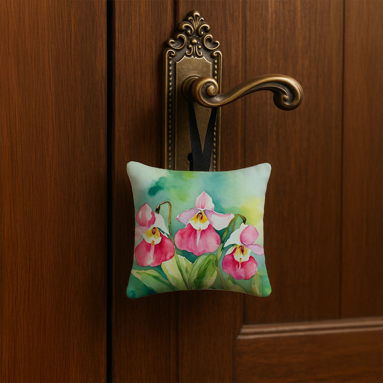 Caroline's Treasures Minnesota Pink and White Lady’s Slippers in Watercolor Hanging Square Fabric Ornament 3.5 × 3.5