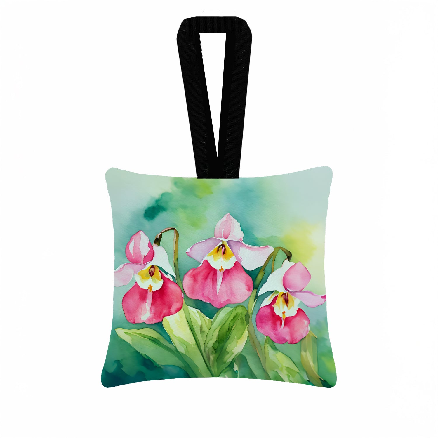 Caroline's Treasures Minnesota Pink and White Lady’s Slippers in Watercolor Hanging Square Fabric Ornament 3.5 × 3.5