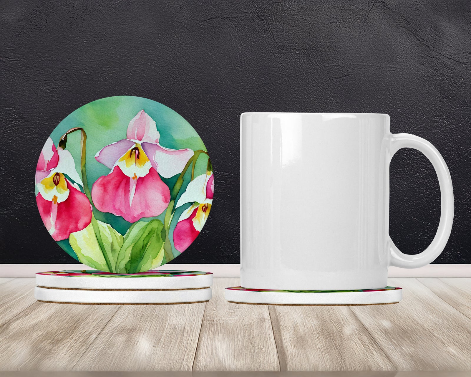 Caroline's Treasures Minnesota Pink and White Lady’s Slippers in Watercolor Large Sandstone Coasters Pack of 4