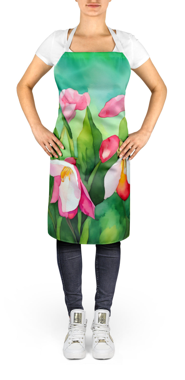 Minnesota Pink and White Lady�s Slippers in Watercolor Apron