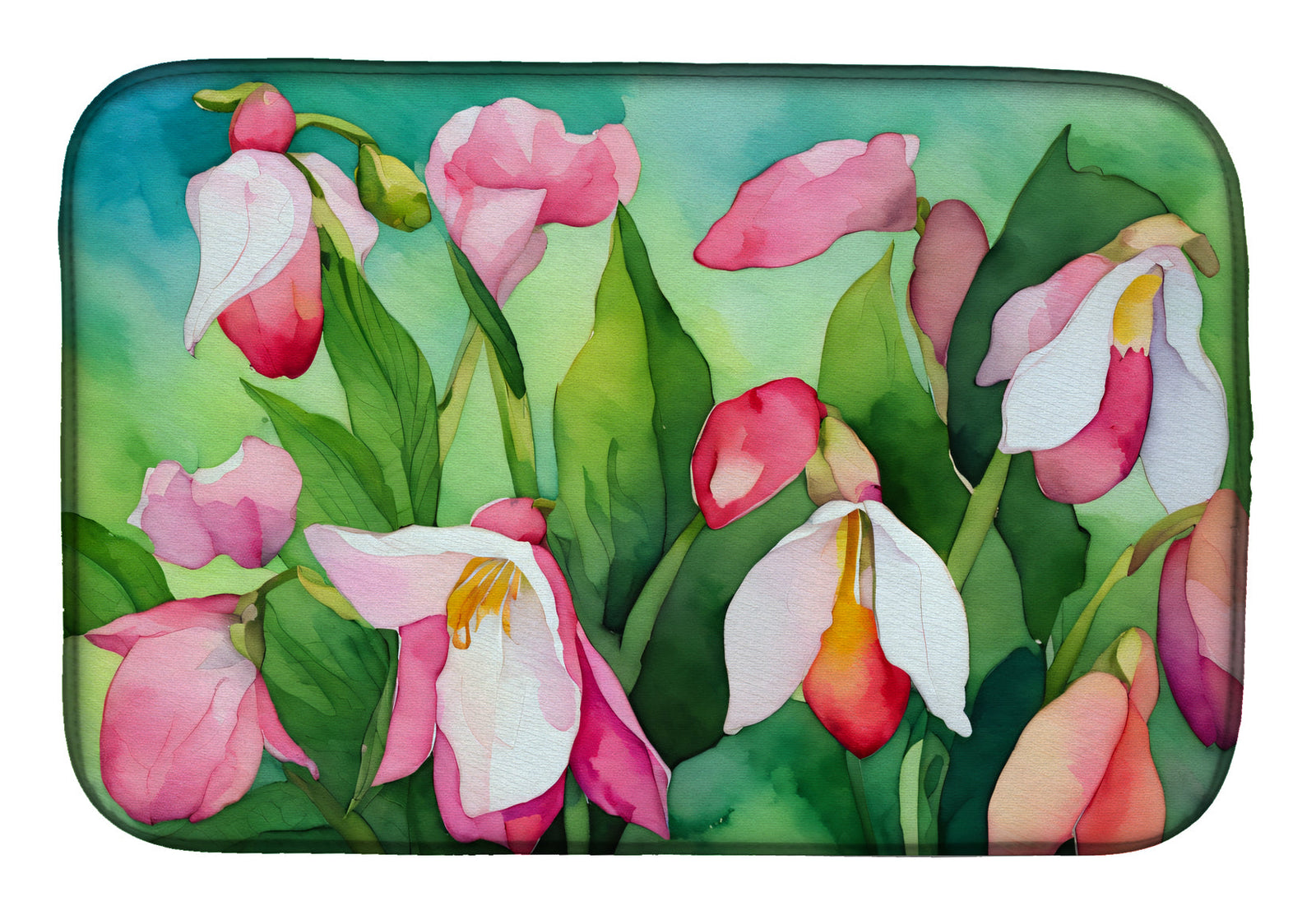 Caroline's Treasures Minnesota Pink and White Lady s Slippers in Watercolor Dish Drying Mat