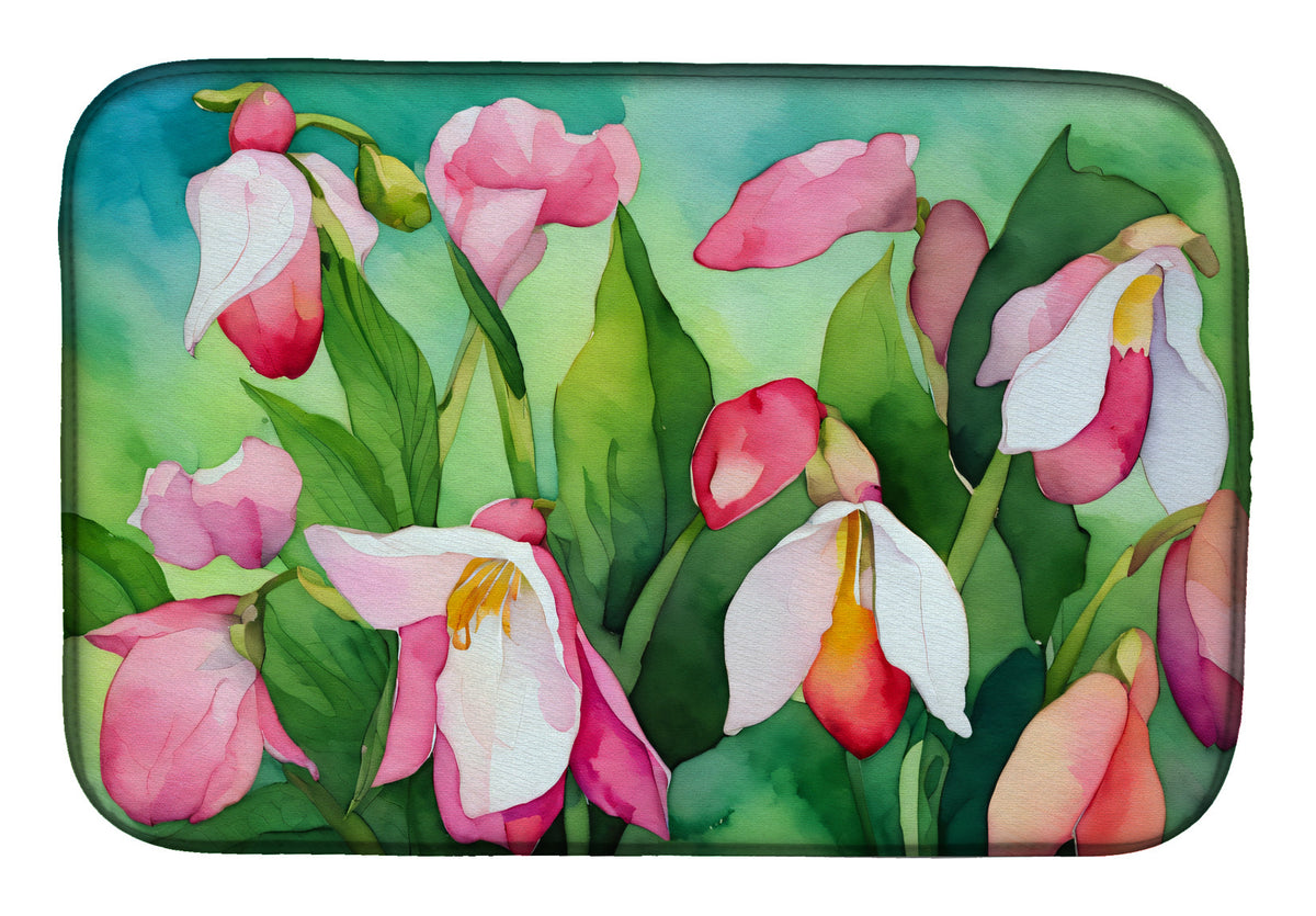 Caroline's Treasures Minnesota Pink and White Lady s Slippers in Watercolor Dish Drying Mat