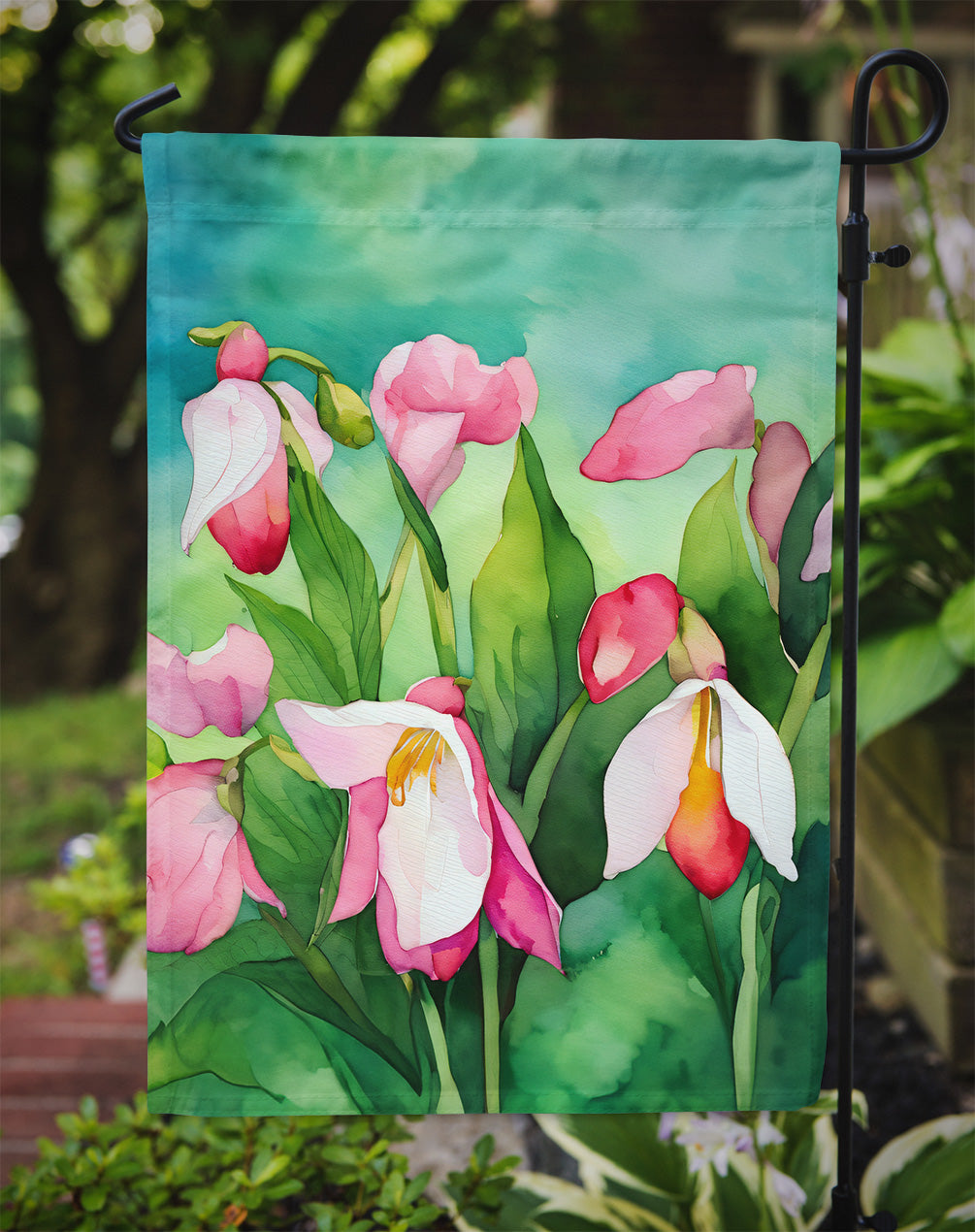 Minnesota Pink and White Lady�s Slippers in Watercolor Garden Flag