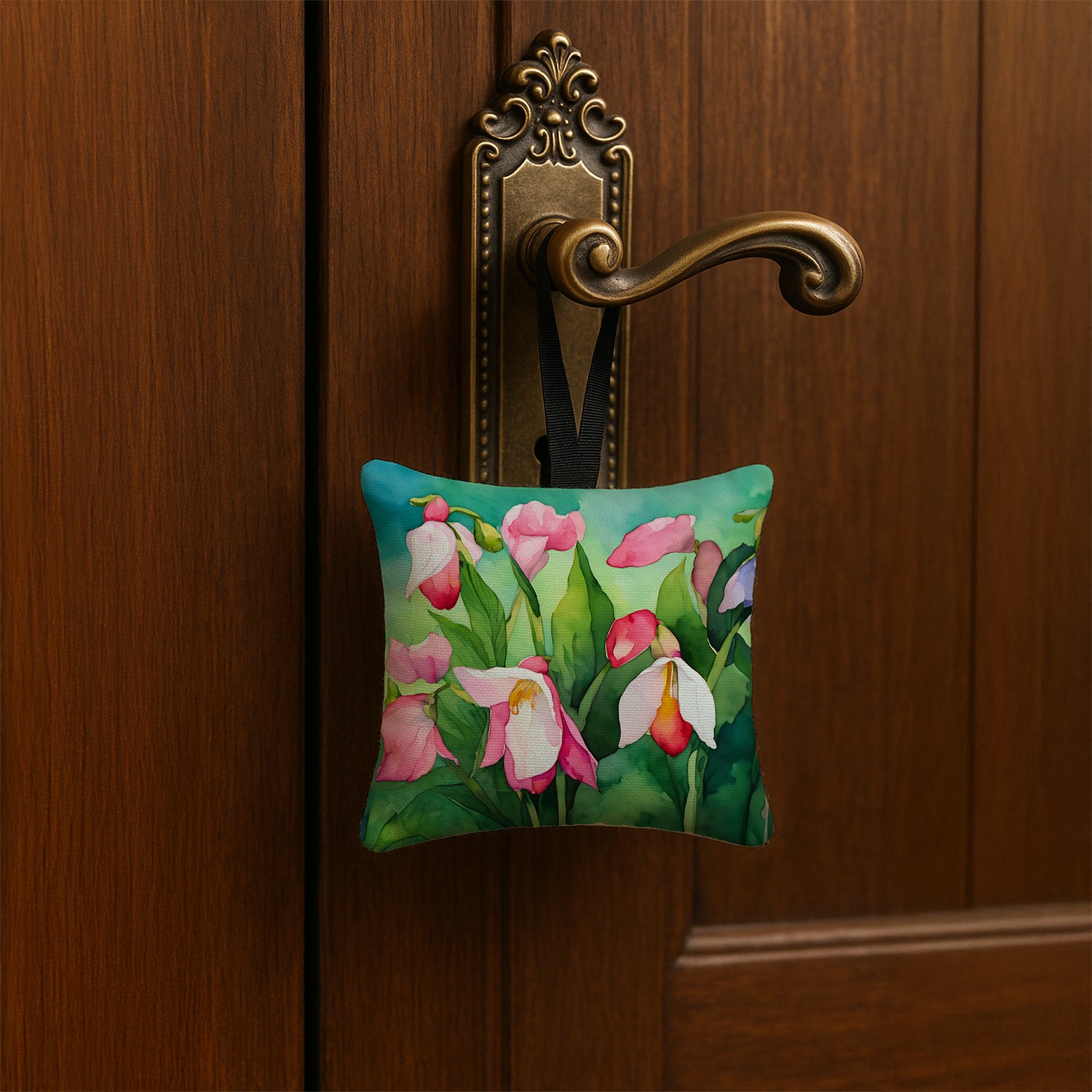 Caroline's Treasures Minnesota Pink and White Lady’s Slippers in Watercolor Hanging Square Fabric Ornament 3.5 × 3.5