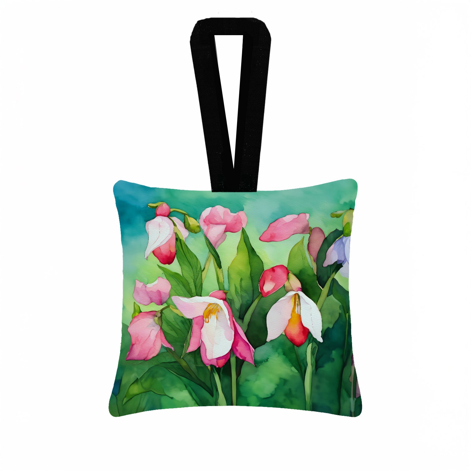 Caroline's Treasures Minnesota Pink and White Lady’s Slippers in Watercolor Hanging Square Fabric Ornament 3.5 × 3.5