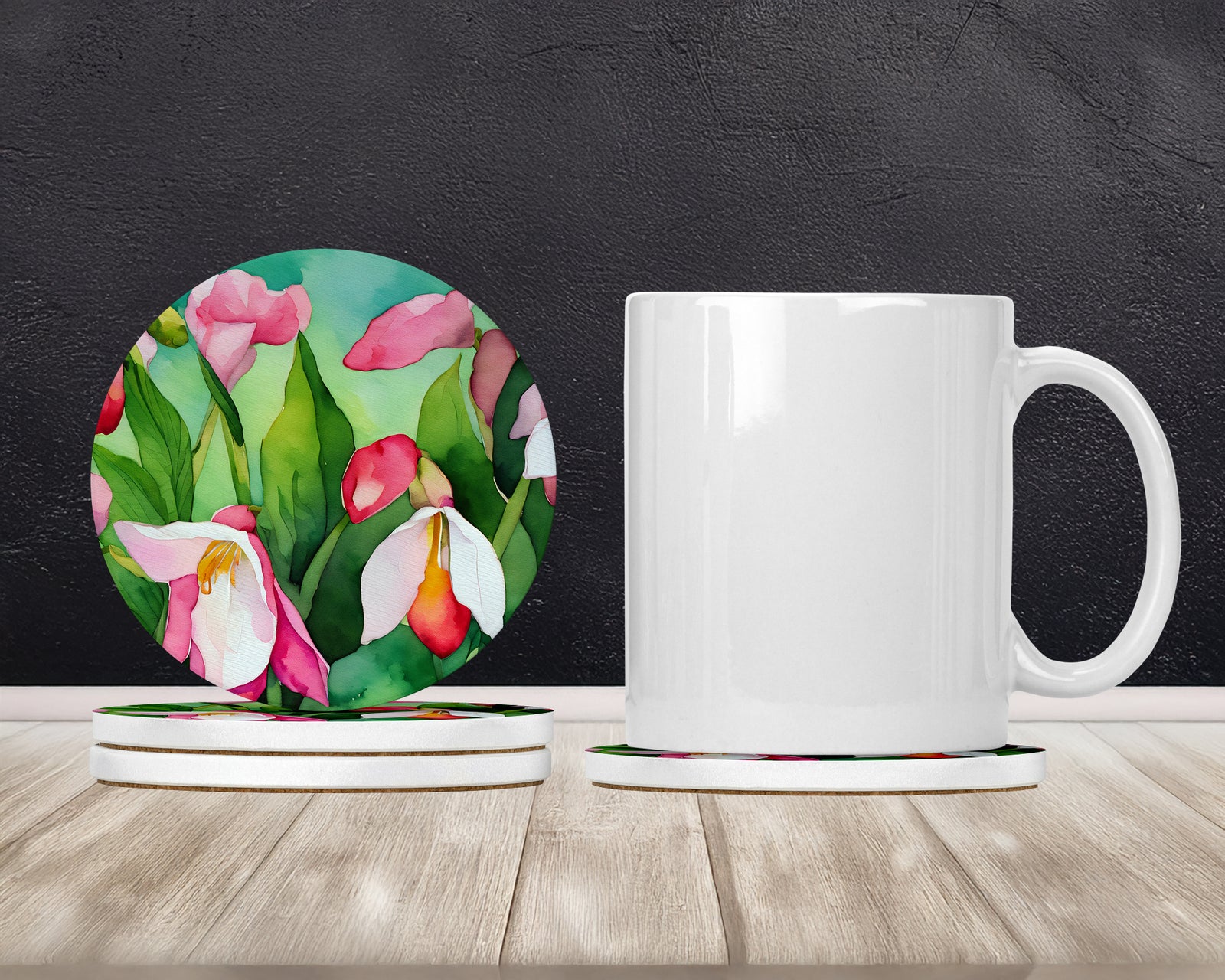 Caroline's Treasures Minnesota Pink and White Lady’s Slippers in Watercolor Large Sandstone Coasters Pack of 4