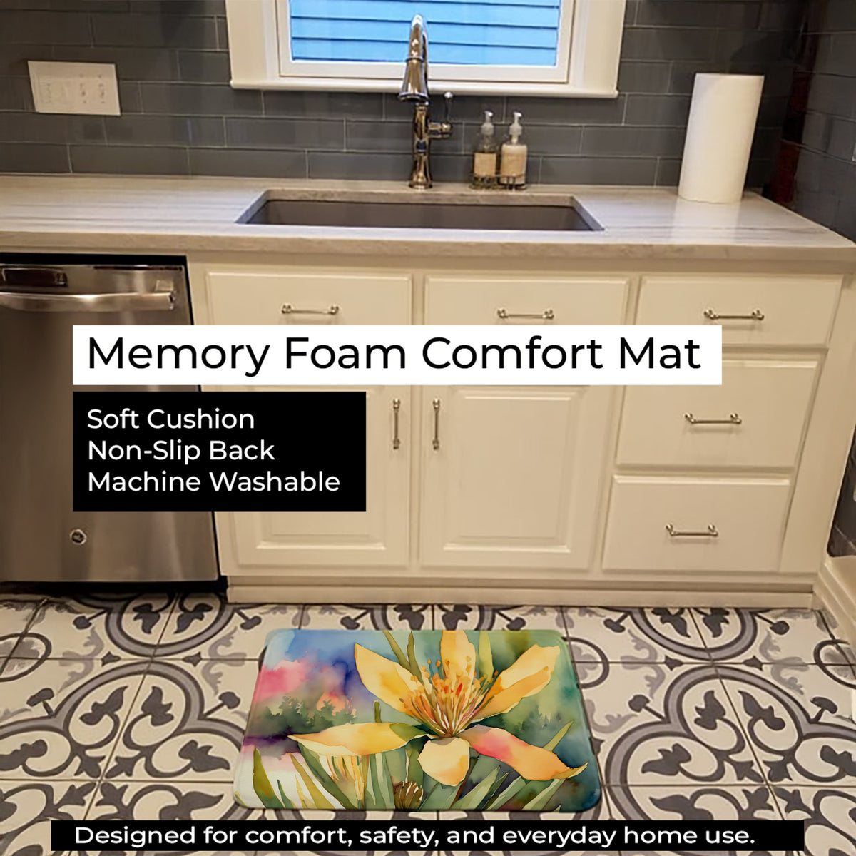 Caroline's Treasures New Mexico Yucca Flower in Watercolor Memory Foam Kitchen Mat DAC1689RUG