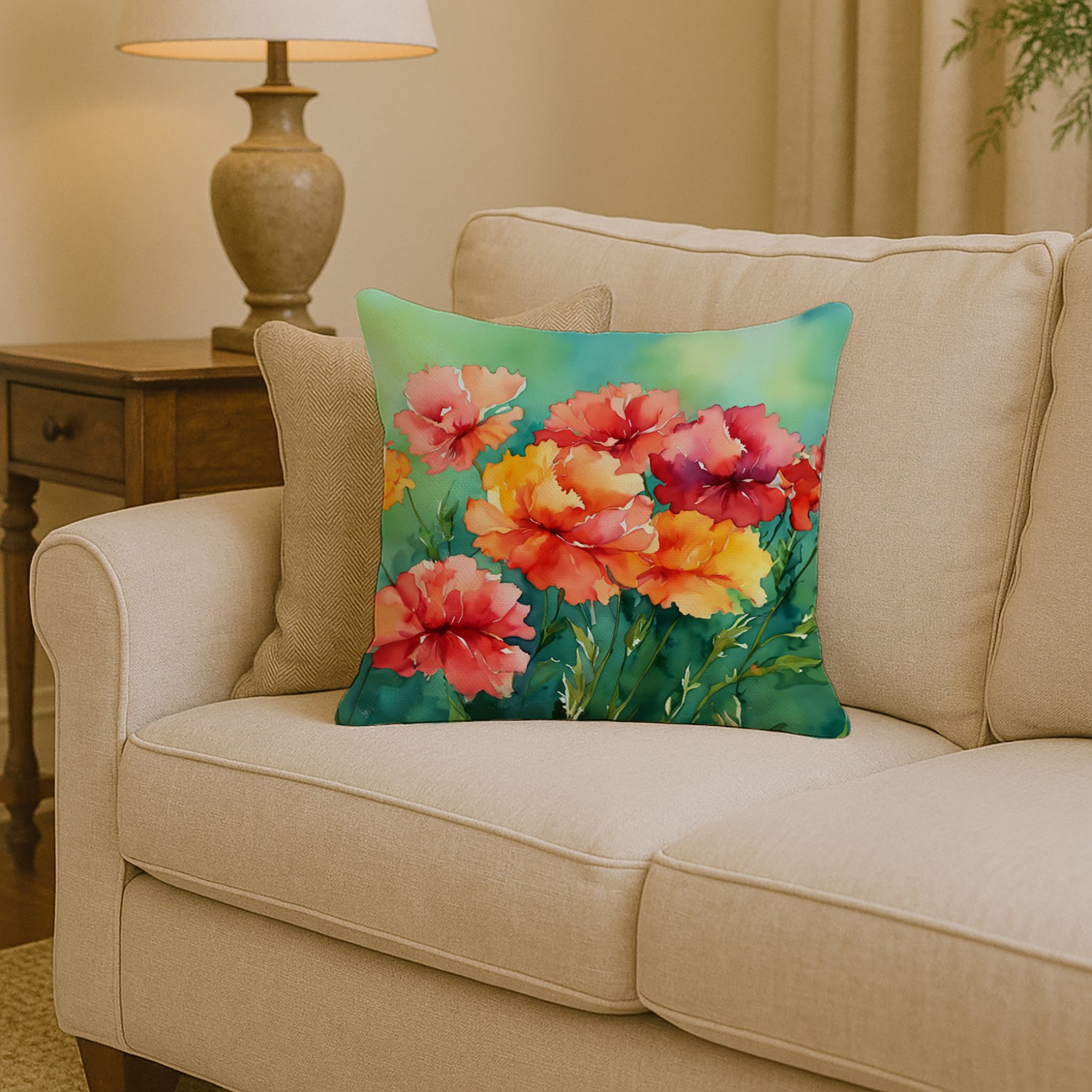 Caroline's Treasures Ohio Scarlet Carnations in Watercolor Throw Pillow