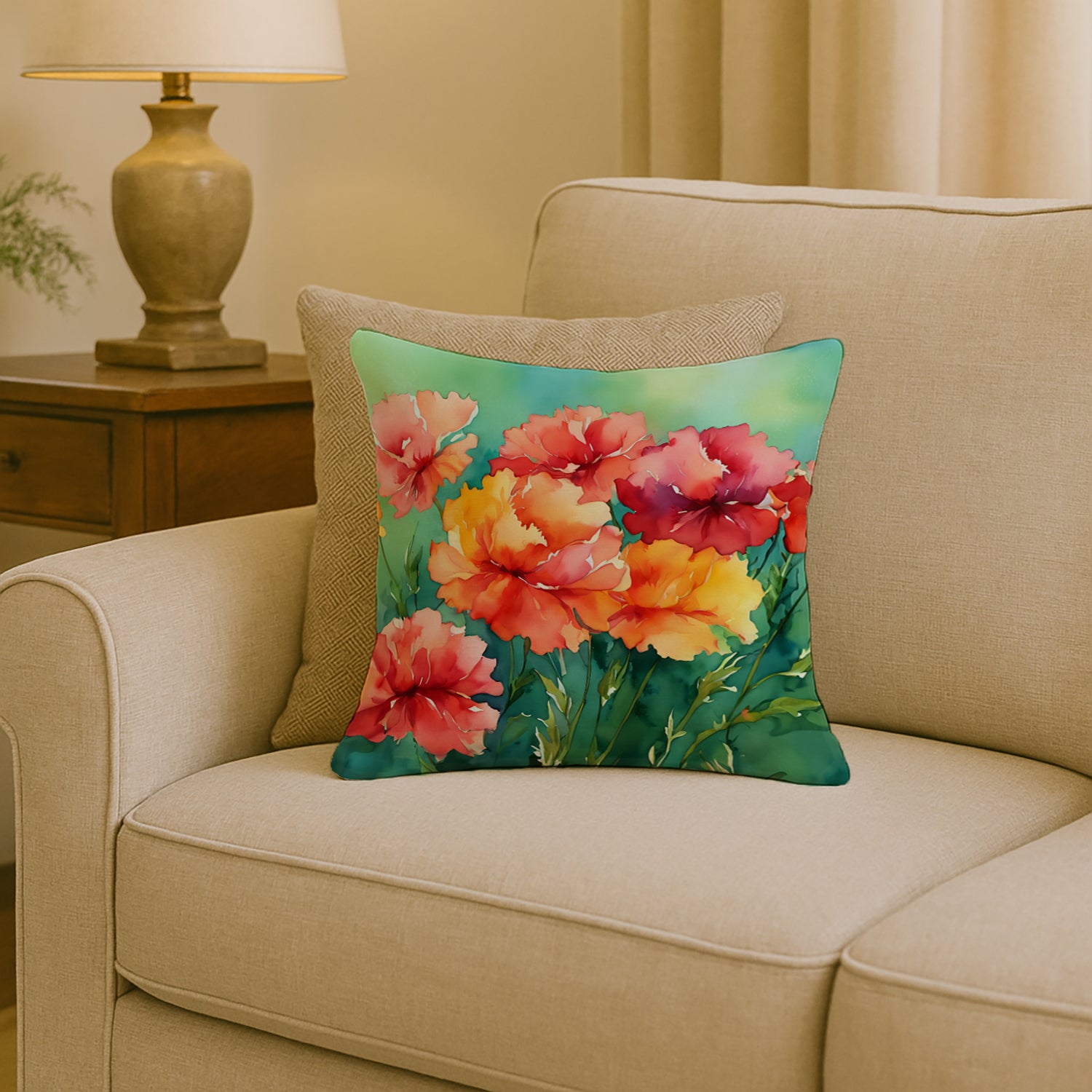 Caroline's Treasures Ohio Scarlet Carnations in Watercolor Throw Pillow