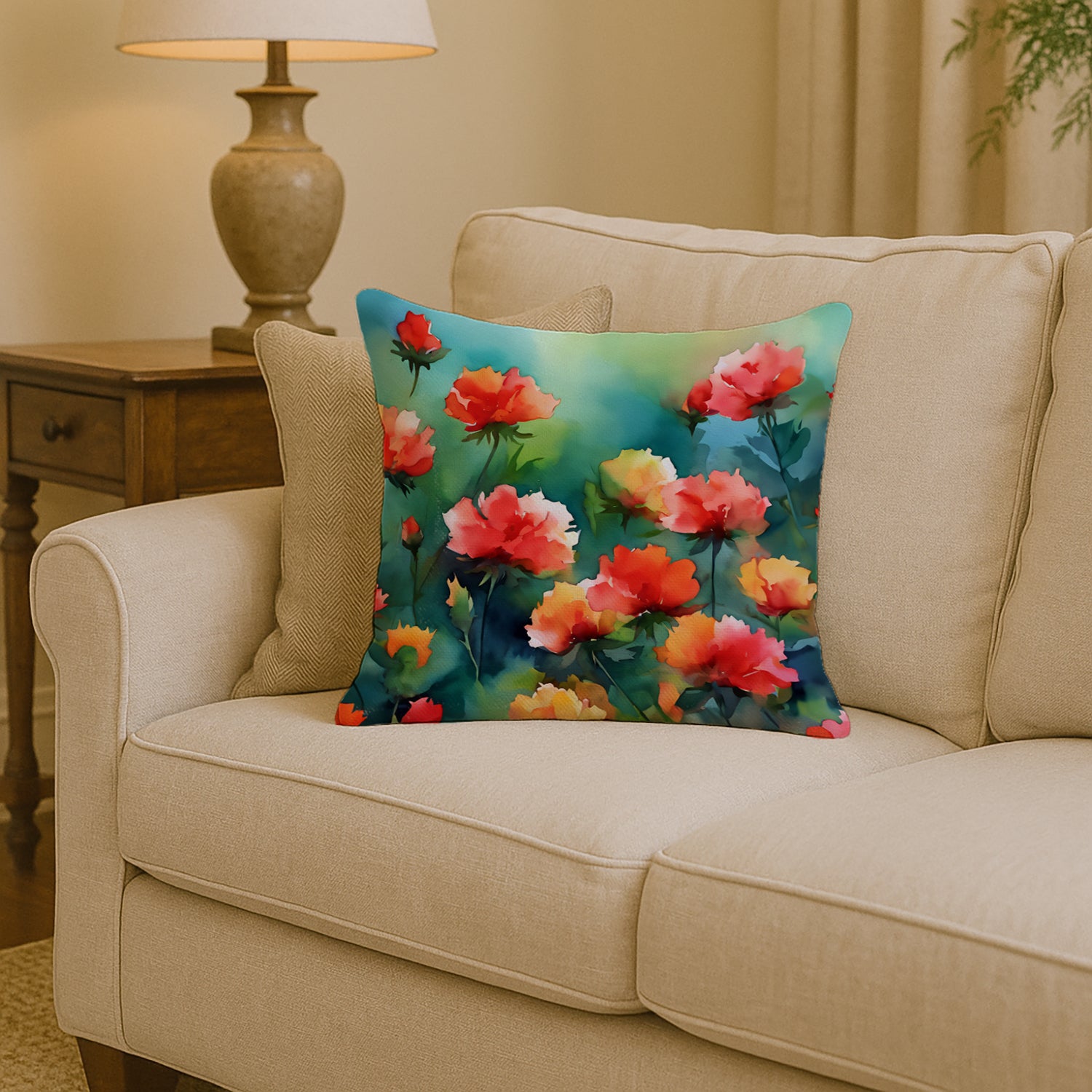Caroline's Treasures Ohio Scarlet Carnations in Watercolor Throw Pillow