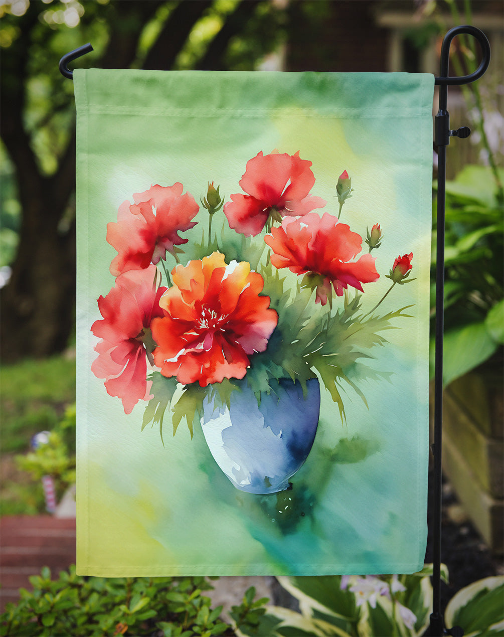 Ohio Scarlet Carnations in Watercolor Garden Flag