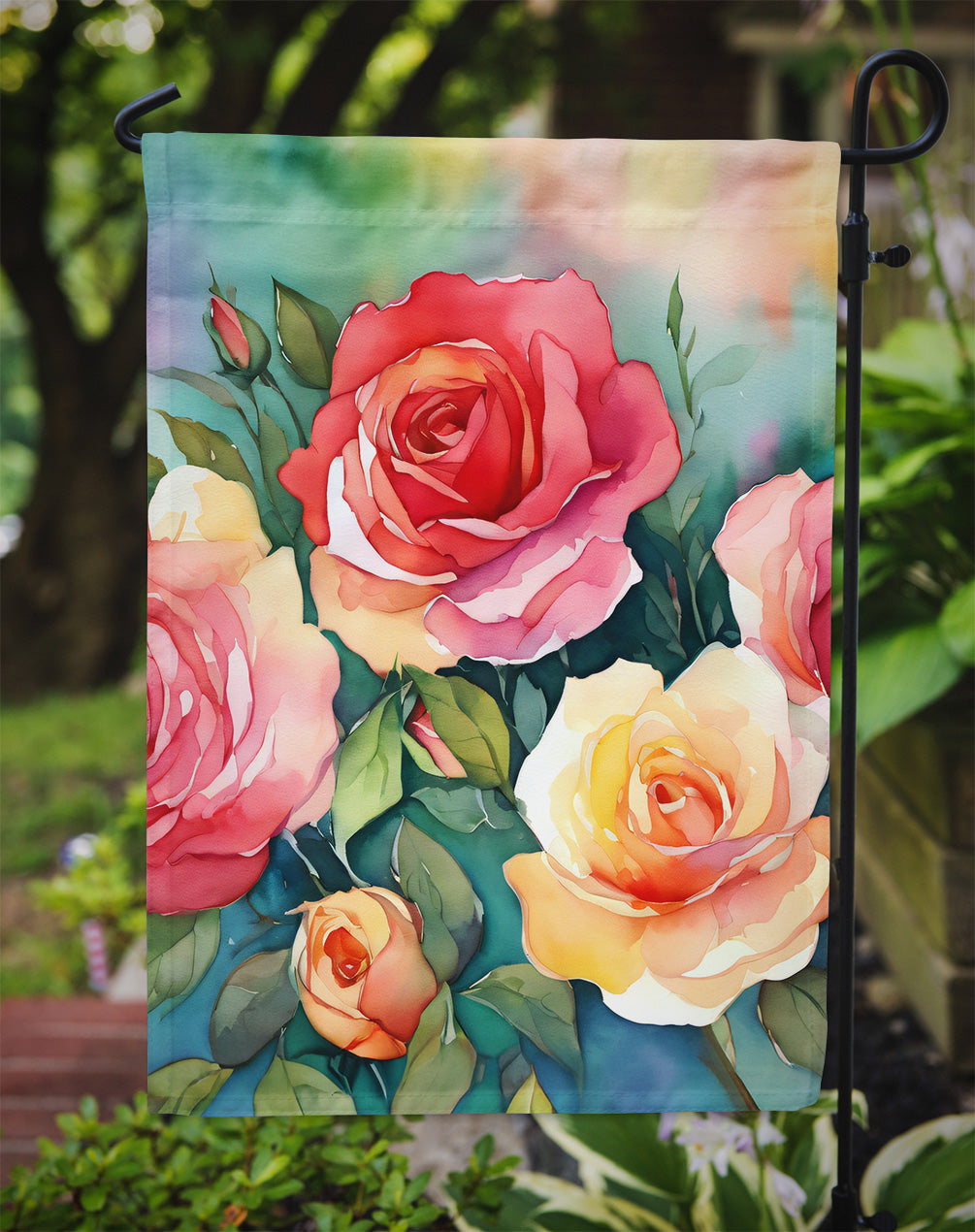 Oklahoma Roses in Watercolor Garden Flag