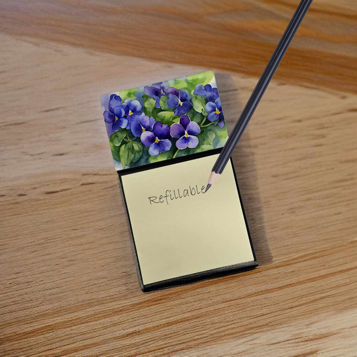 Caroline's Treasures Rhode Island Violets in Watercolor Sticky Note Holder- Refiilable Desk Accessory Note Pad
