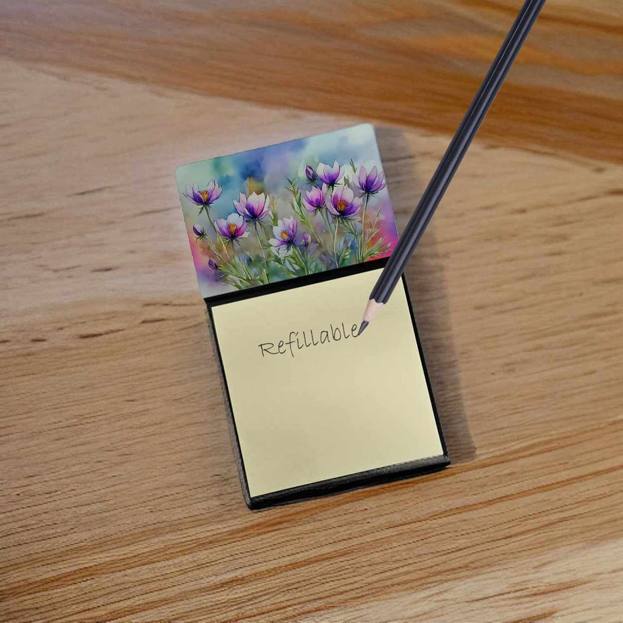 Caroline's Treasures South Dakota Pasque Flowers in Watercolor Sticky Note Holder- Refiilable Desk Accessory Note Pad