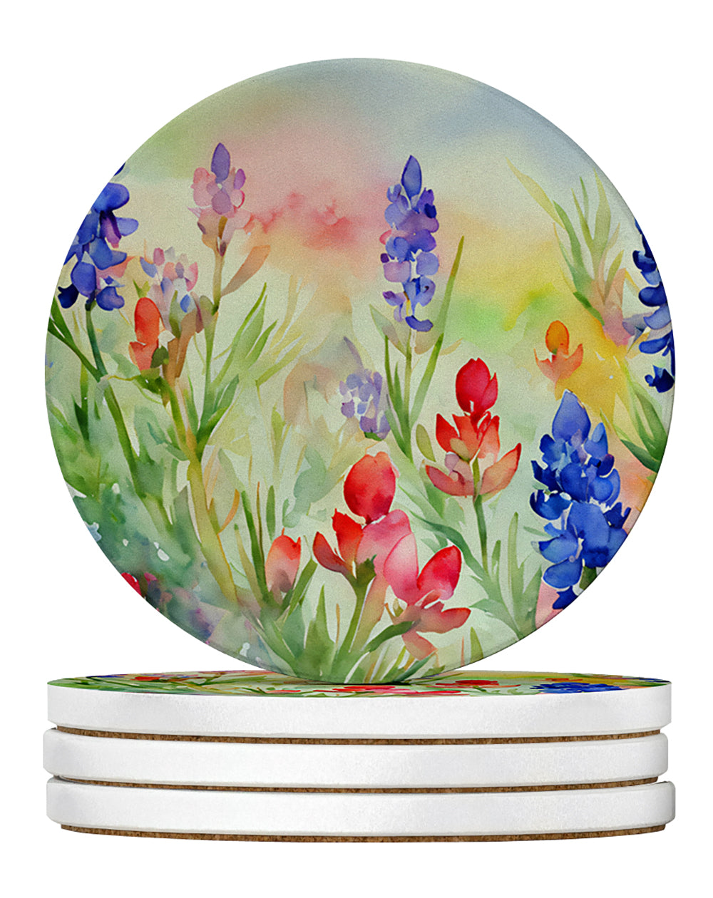 Caroline's Treasures Texas Bluebonnets in Watercolor Large Sandstone Coasters Pack of 4