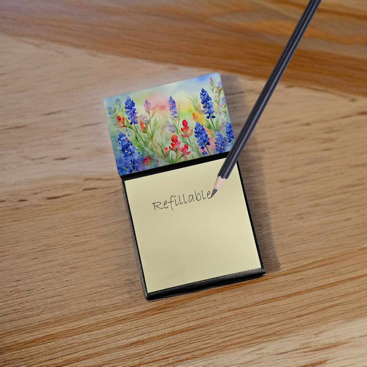 Caroline's Treasures Texas Bluebonnets in Watercolor Sticky Note Holder- Refiilable Desk Accessory Note Pad