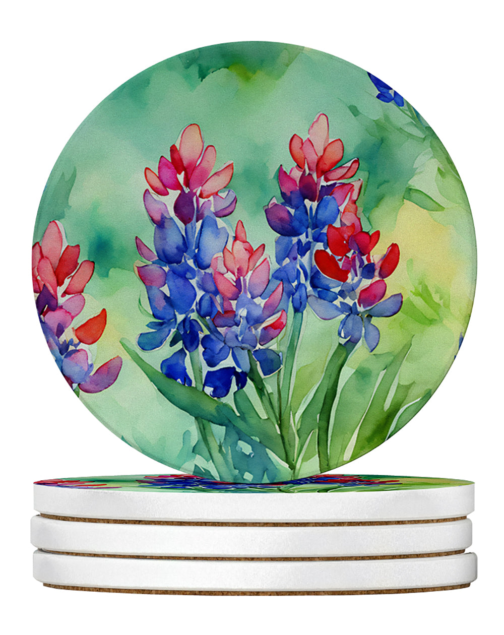 Caroline's Treasures Texas Bluebonnets in Watercolor Large Sandstone Coasters Pack of 4