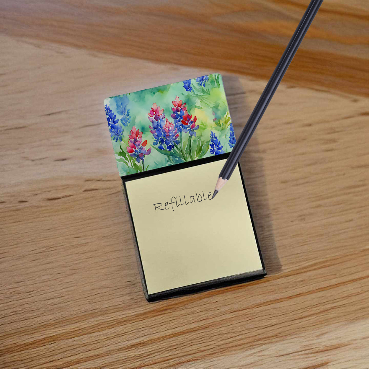 Caroline's Treasures Texas Bluebonnets in Watercolor Sticky Note Holder- Refiilable Desk Accessory Note Pad