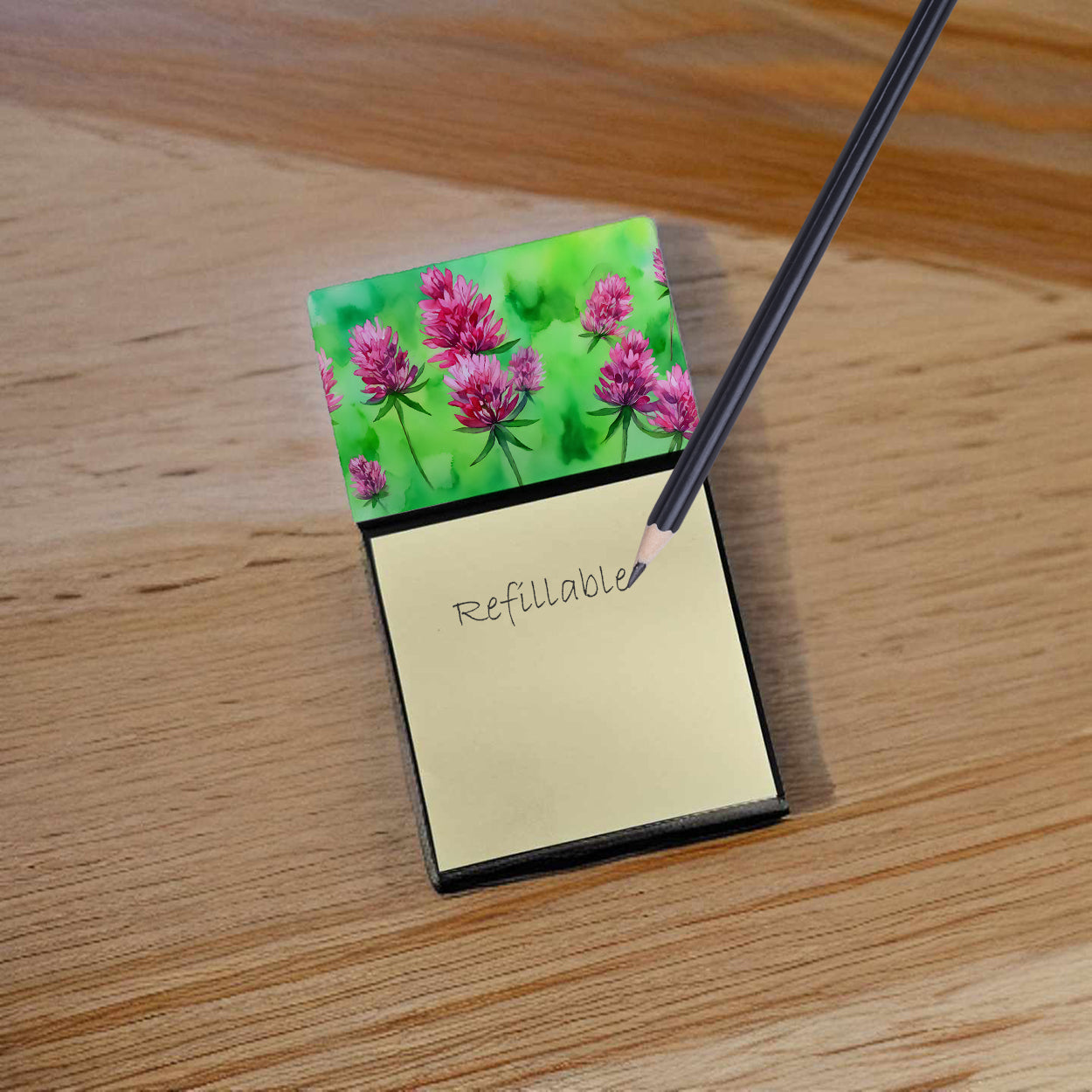 Caroline's Treasures Vermont Red Clover in Watercolor Sticky Note Holder- Refiilable Desk Accessory Note Pad