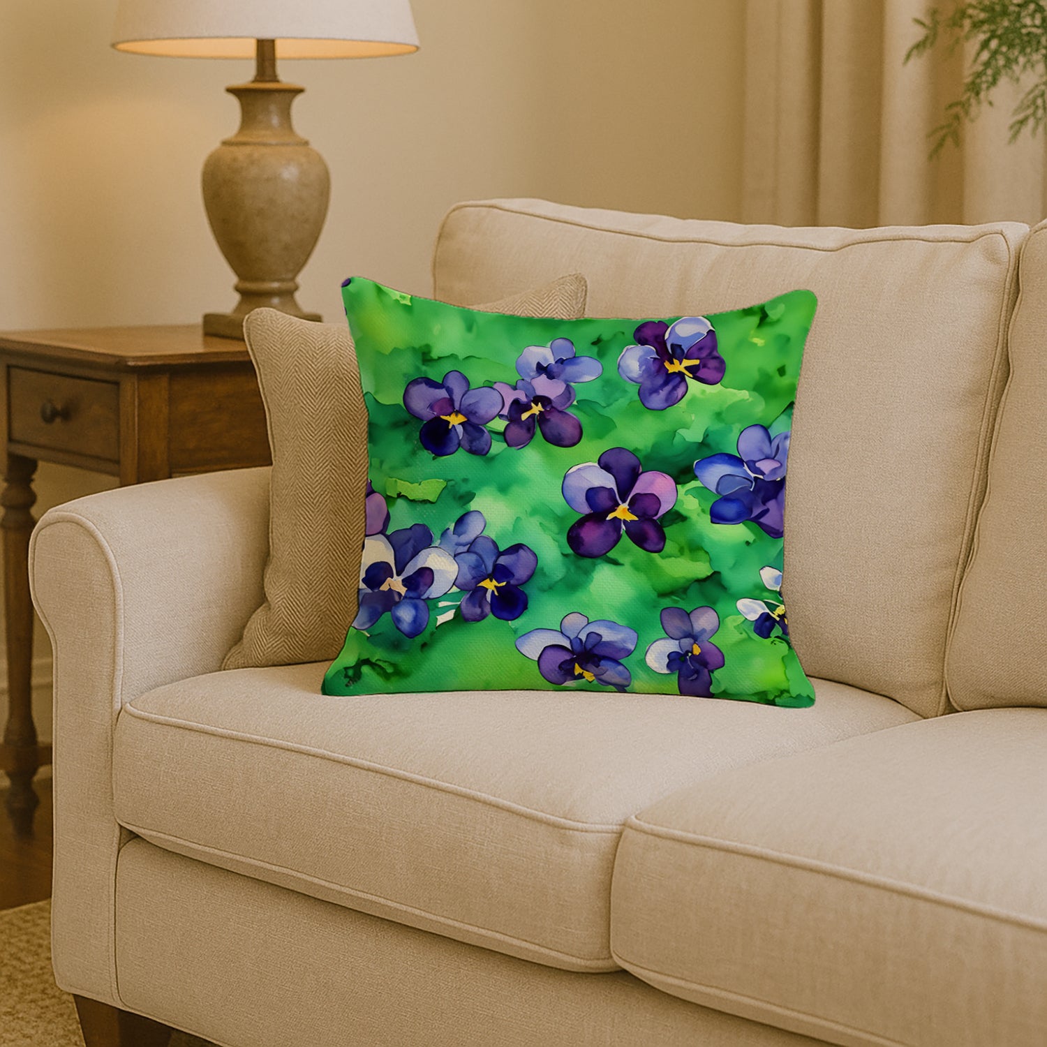 Caroline's Treasures Wisconsin Wood Violets in Watercolor Throw Pillow