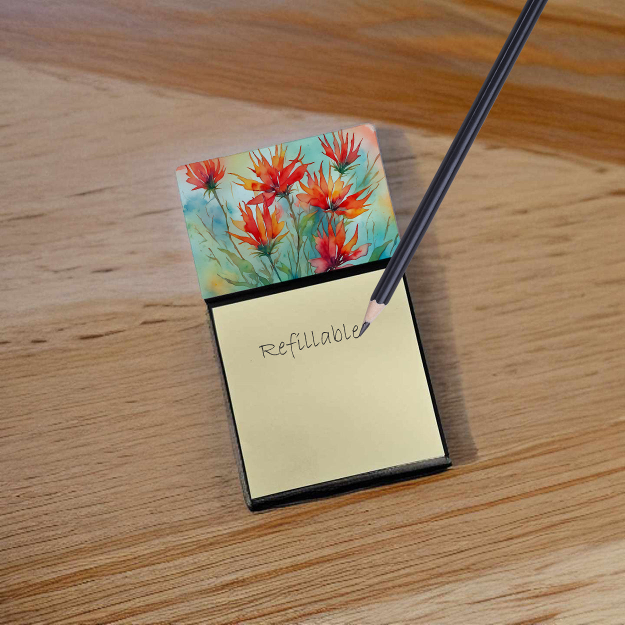 Caroline's Treasures Wyoming Indian Paintbrush in Watercolor Sticky Note Holder- Refiilable Desk Accessory Note Pad