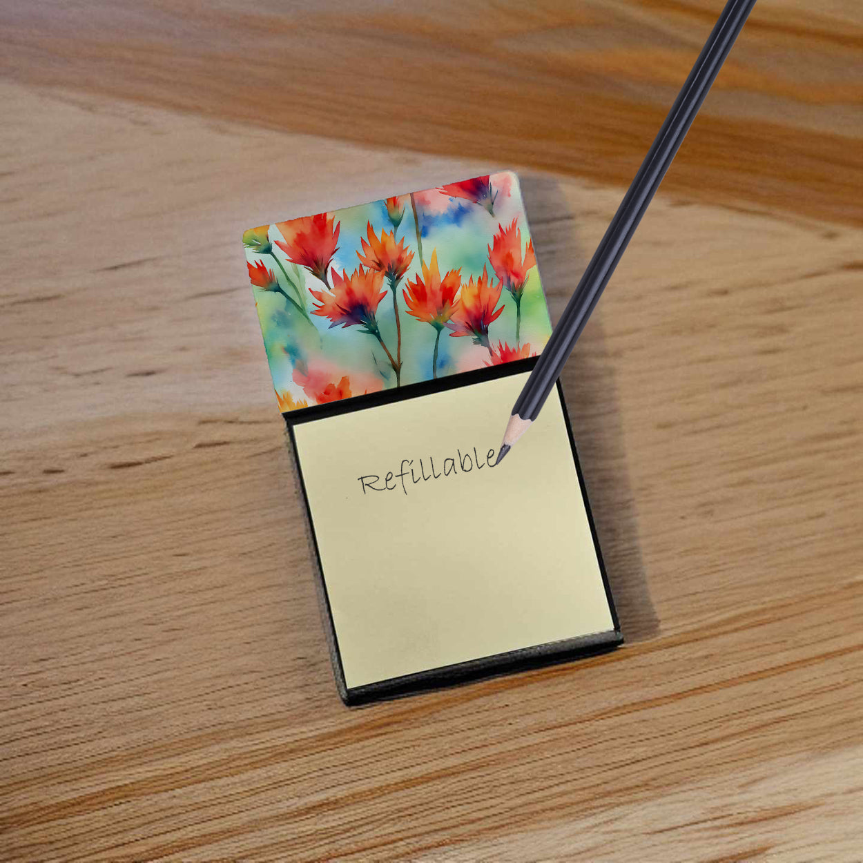 Caroline's Treasures Wyoming Indian Paintbrush in Watercolor Sticky Note Holder- Refiilable Desk Accessory Note Pad