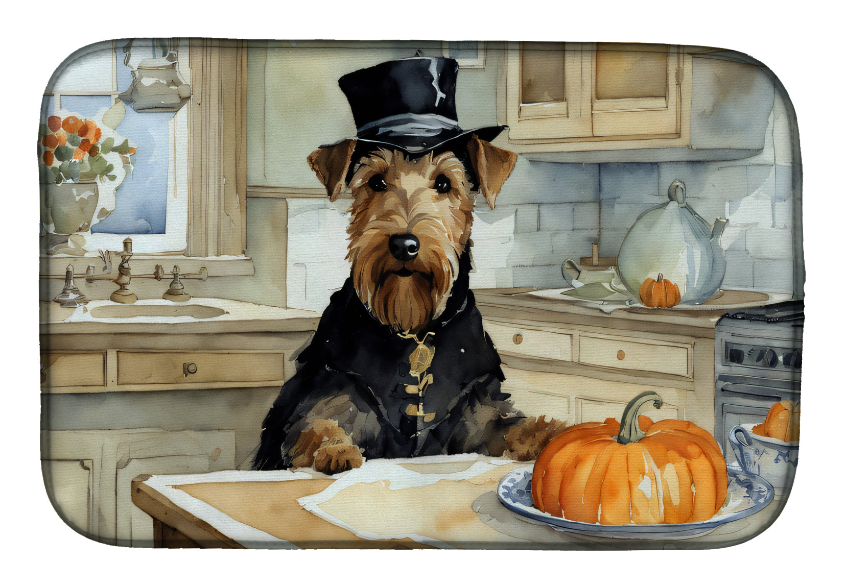 Caroline's Treasures Airedale Terrier Fall Kitchen Pumpkins Dish Drying Mat