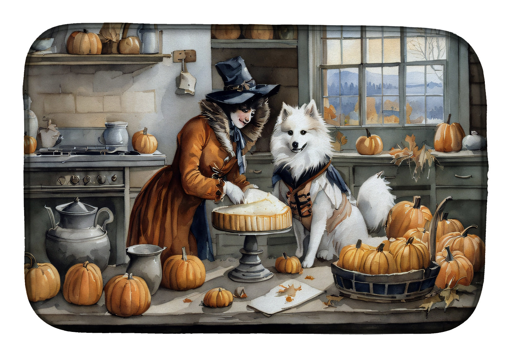 Caroline's Treasures American Eskimo Fall Kitchen Pumpkins Dish Drying Mat
