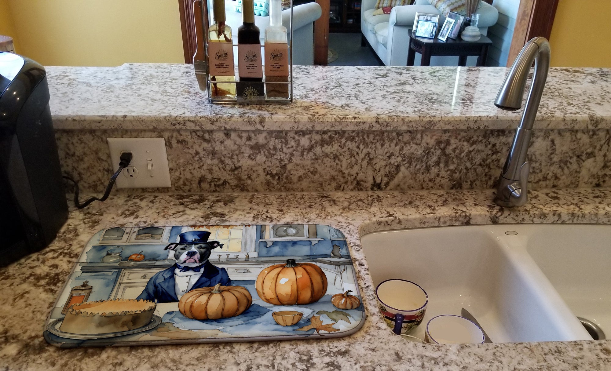 Caroline's Treasures Pit Bull Terrier Fall Kitchen Pumpkins Dish Drying Mat