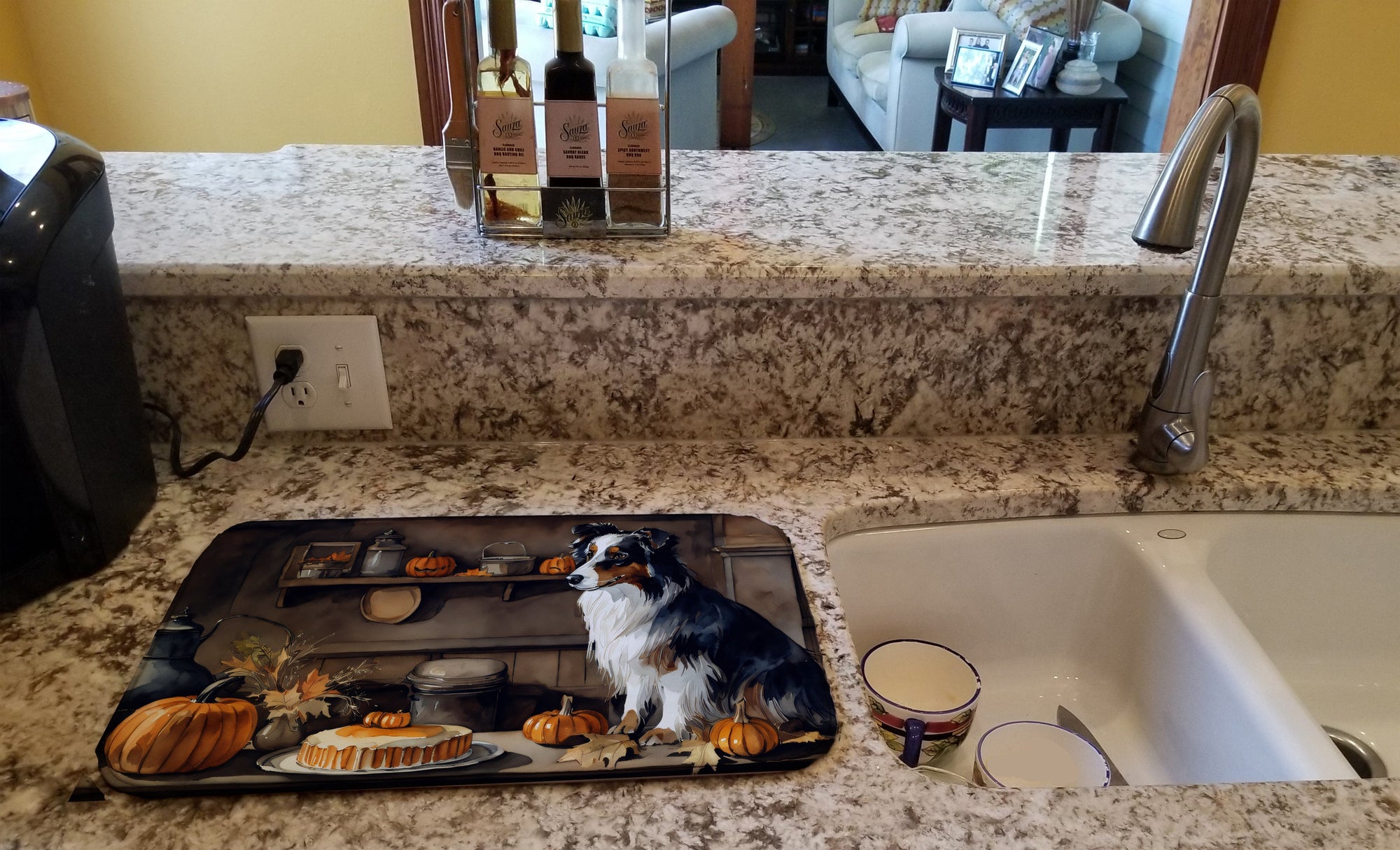 Caroline's Treasures Australian Shepherd Fall Kitchen Pumpkins Dish Drying Mat