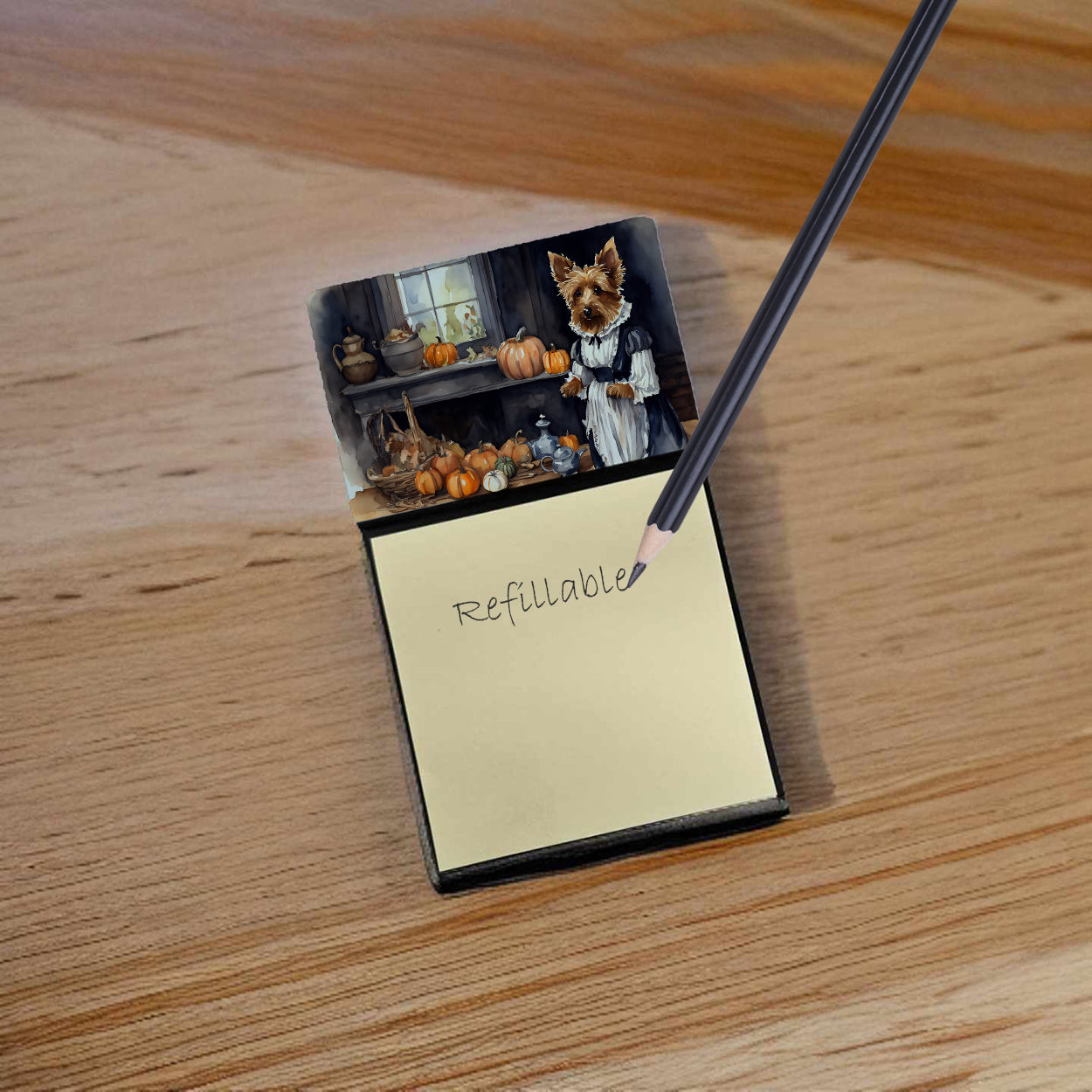 Caroline's Treasures Australian Terrier Fall Kitchen Pumpkins Sticky Note Holder- Refiilable Desk Accessory Note Pad