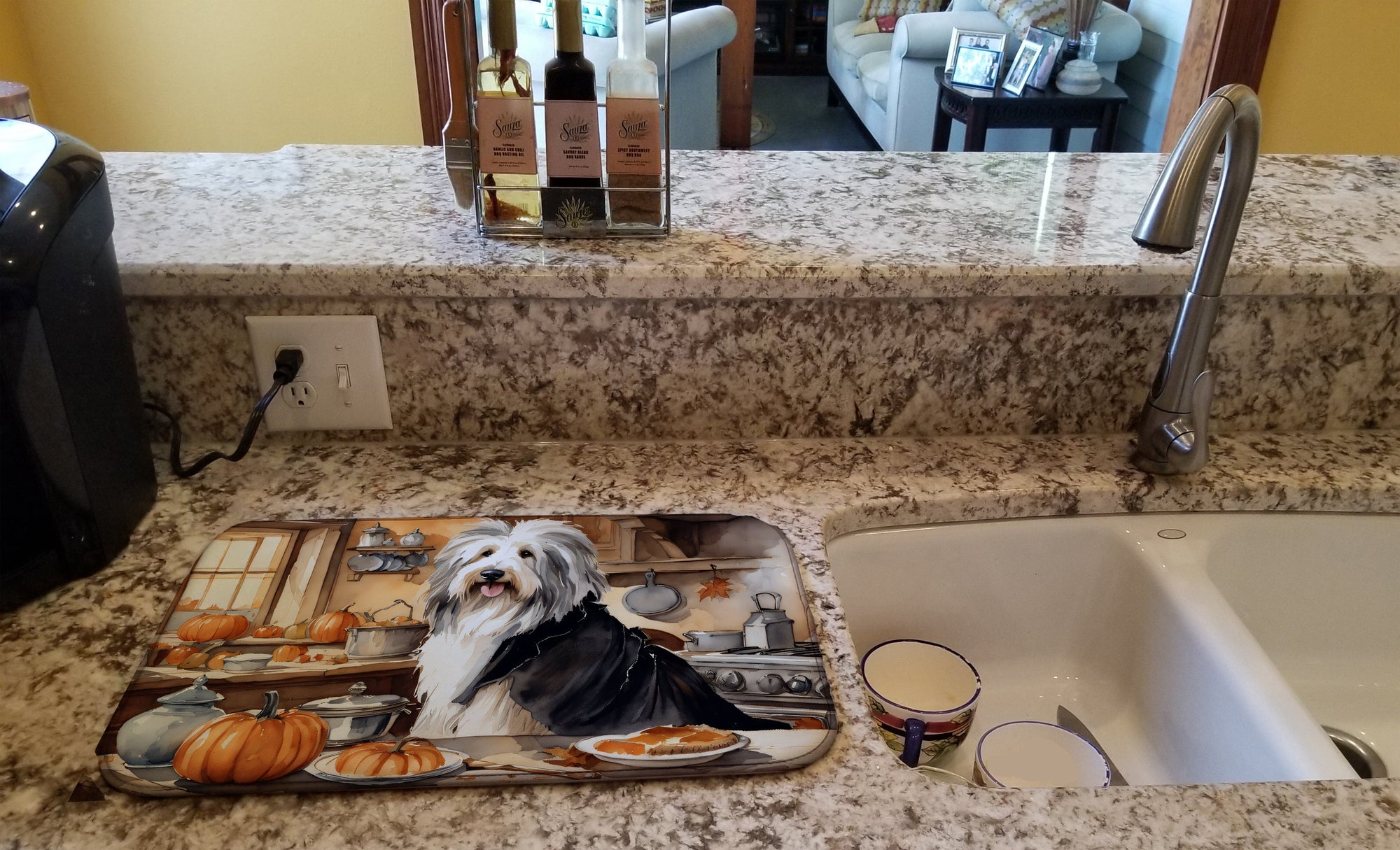 Caroline's Treasures Bearded Collie Fall Kitchen Pumpkins Dish Drying Mat