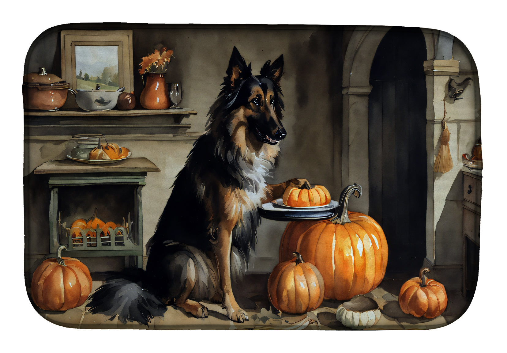 Caroline's Treasures Belgian Tervuren Fall Kitchen Pumpkins Dish Drying Mat