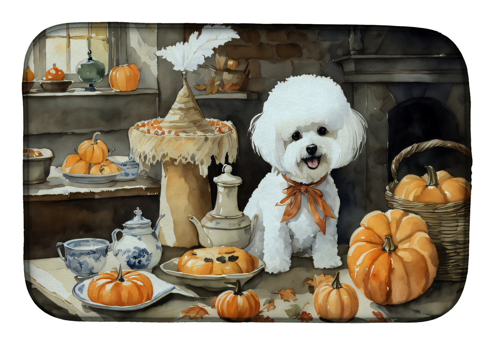 Caroline's Treasures Bichon Frise Fall Kitchen Pumpkins Dish Drying Mat