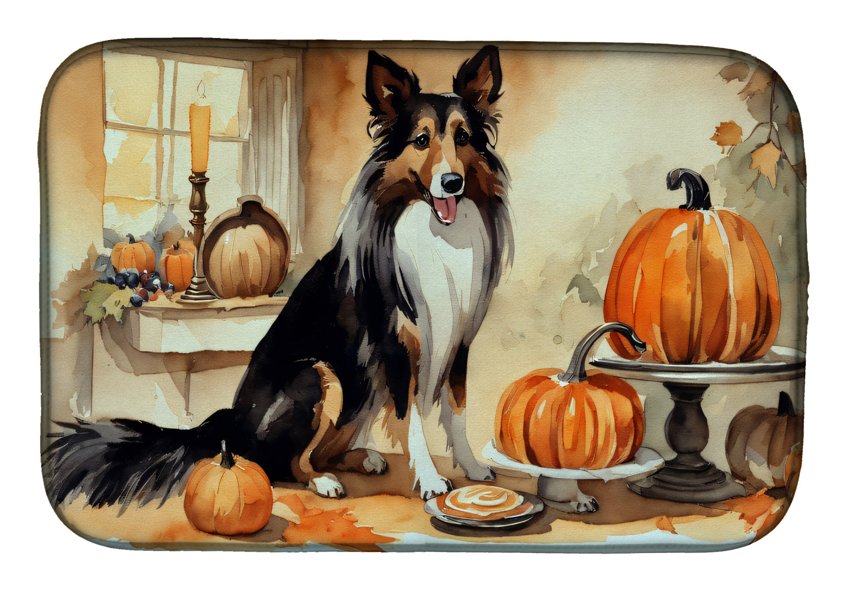 Caroline's Treasures Collie Fall Kitchen Pumpkins Dish Drying Mat