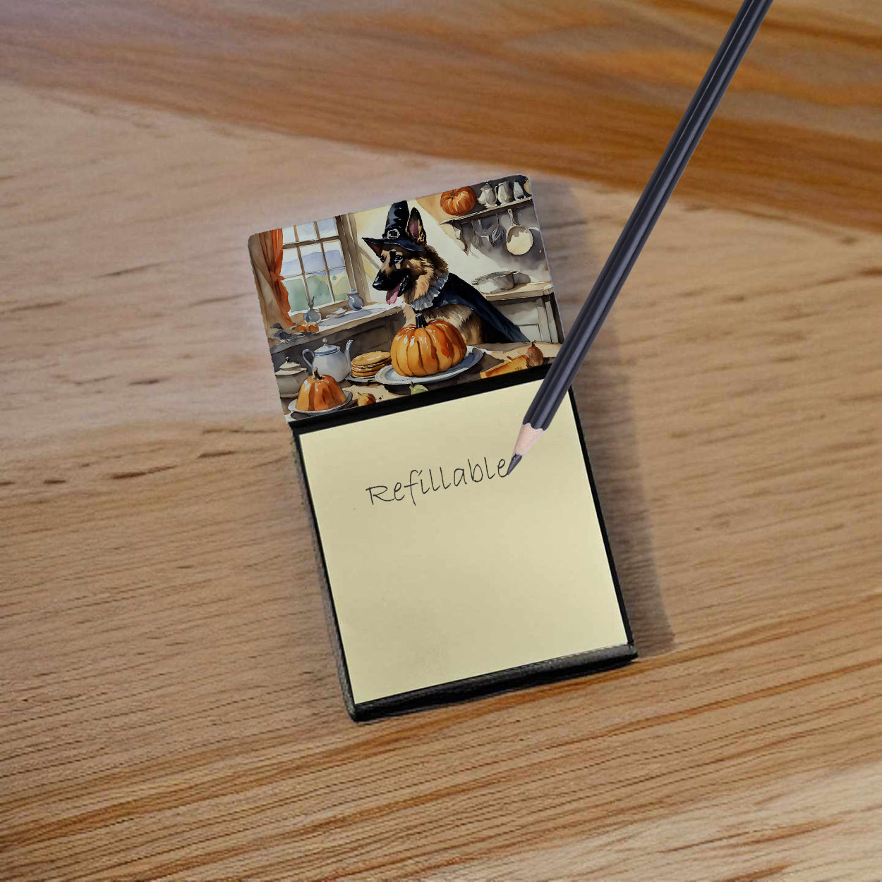 Caroline's Treasures German Shepherd Fall Kitchen Pumpkins Sticky Note Holder- Refiilable Desk Accessory Note Pad