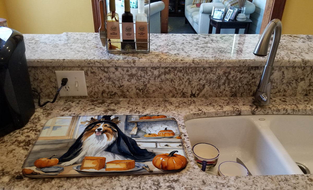 Caroline's Treasures Sheltie Fall Kitchen Pumpkins Dish Drying Mat